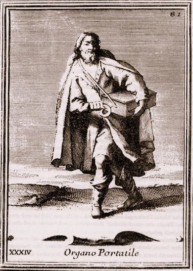 Darstellung eines Pilgers mit Walzenorgel